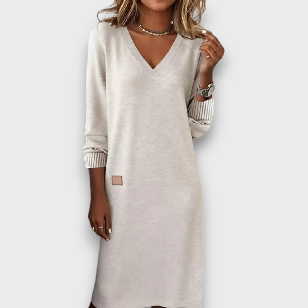 relaxed knit dress ASOS DESIGN Petite oversized relaxed knitted midi dress with crew neck and seam detail in gray